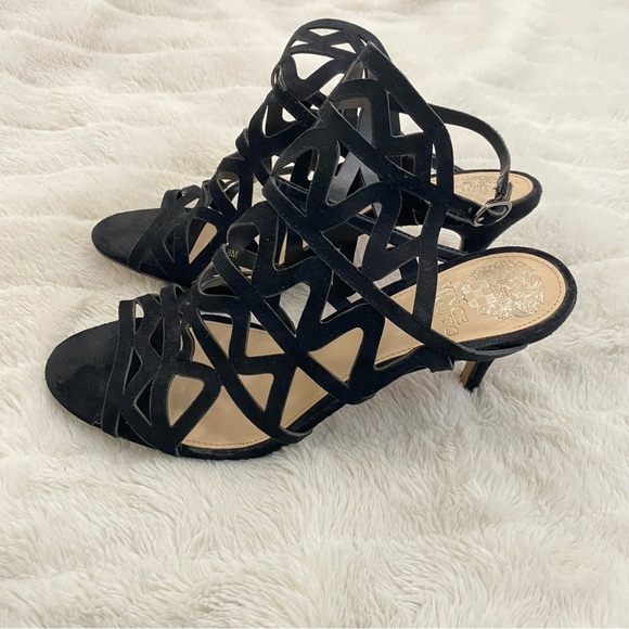 Vince Camuto Prisintha Leather Suede Black Cutout Cage Strappy Heels New Size 8 - Picture 2 of 12